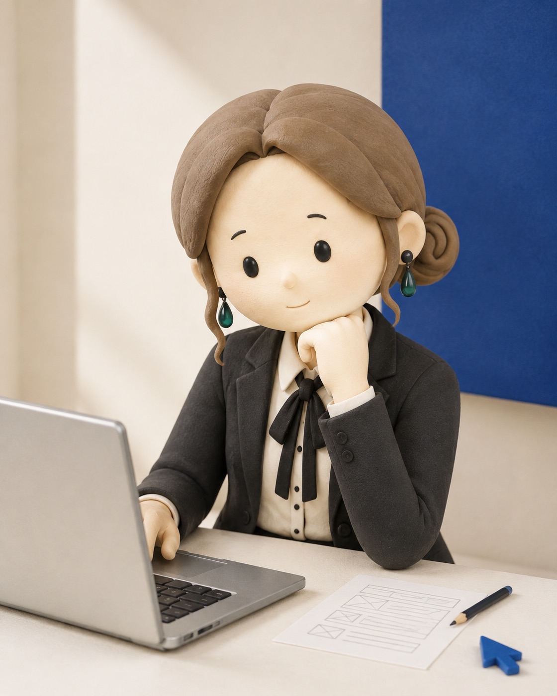 ノートパソコンに向かい、こちらへ振り向く立体doちゃん。茶色のお団子ヘア、緑のイヤリング、チャコールのスーツ姿。