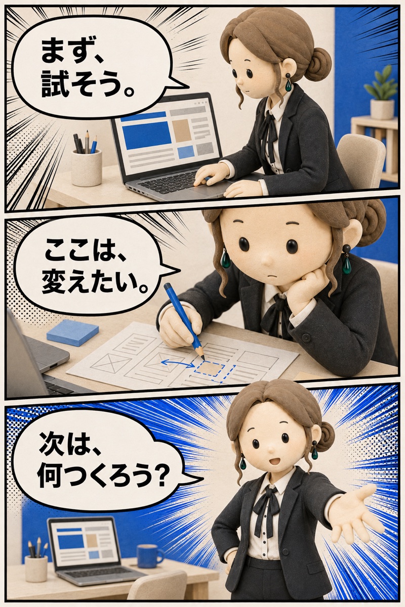 「まず、試そう。」「ここは、変えたい。」「次は、何つくろう？」と、doちゃんが試作を磨いていく3コマ漫画。