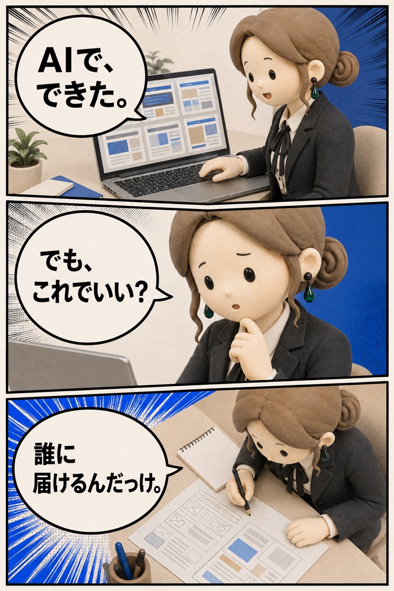 doちゃんがAIで案を作り、「でも、これでいい？」「誰に届けるんだっけ。」と考える3コマ漫画。